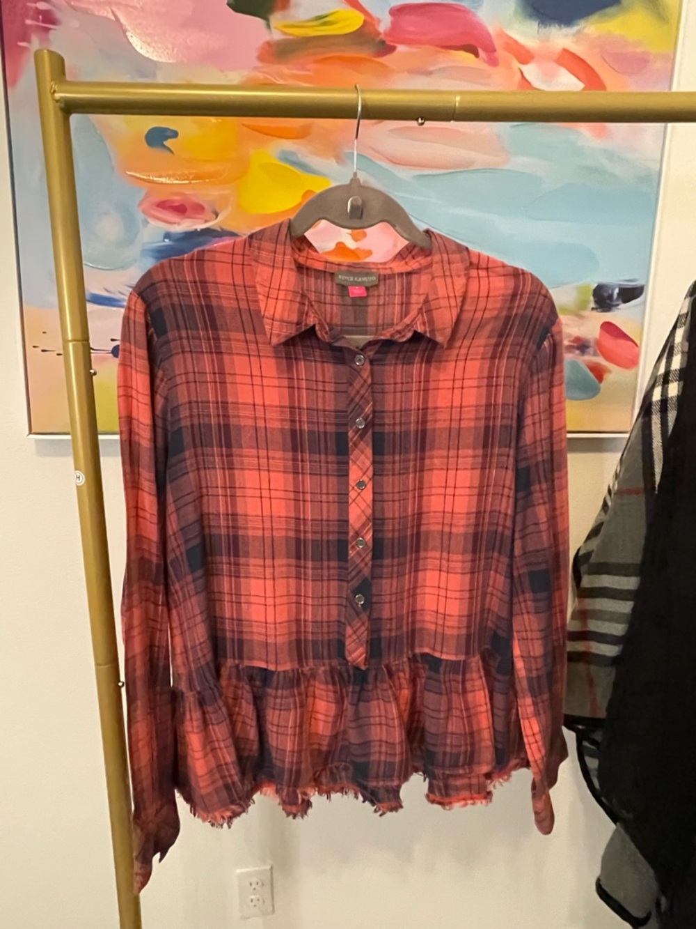 Vince Camuto Rust and Navy Plaid Button-Front Top Small Grunge Y2K